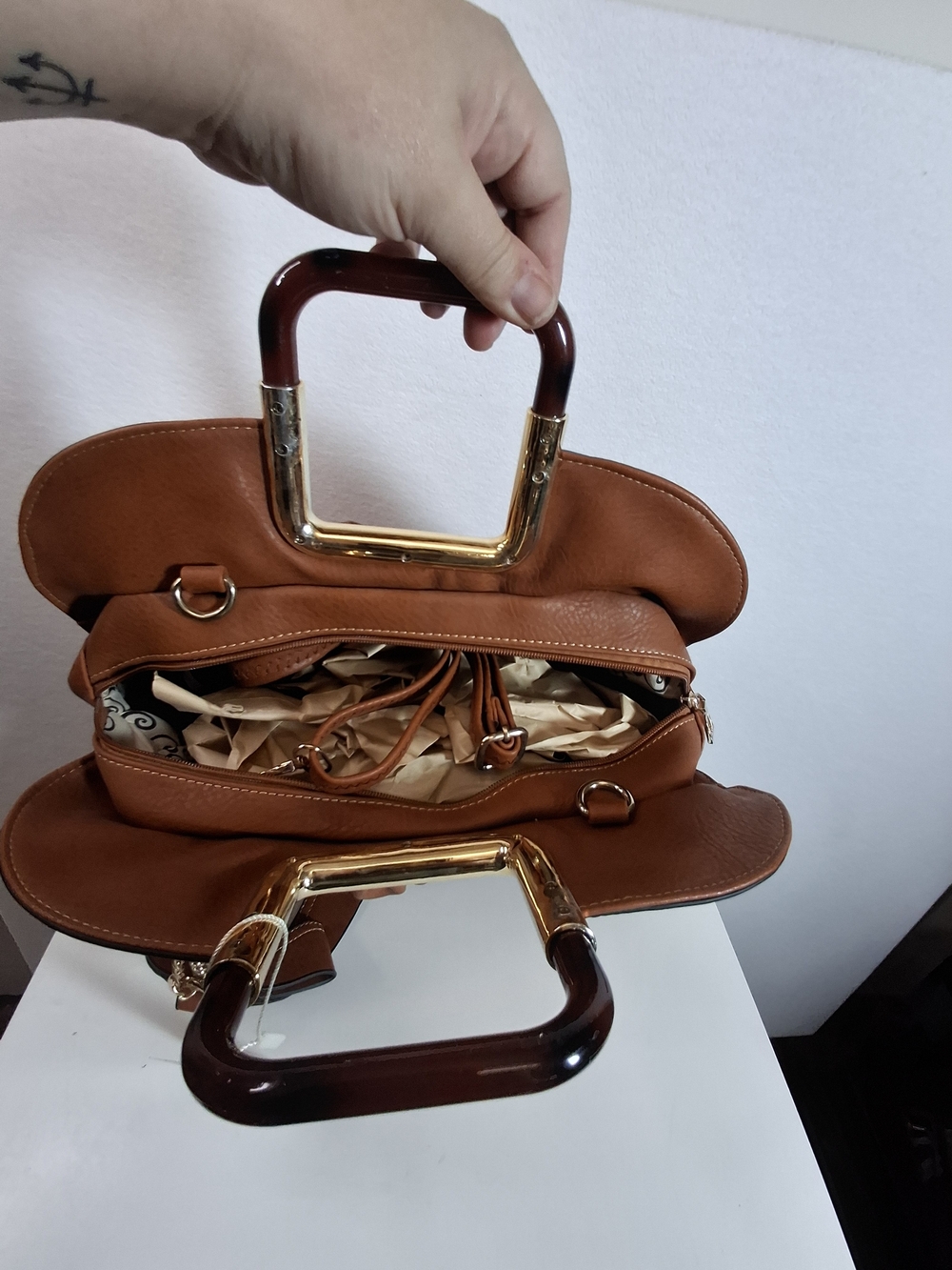 Brown Structured Top-Handle Tote with Gold Accent - Picture 3 of 11